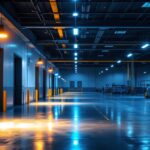 A photograph of a well-lit commercial space showcasing rab led flood light fixtures in action