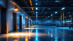 A photograph of a well-lit commercial space showcasing rab led flood light fixtures in action