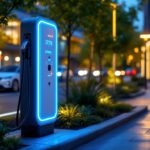 A photograph of a modern level 2 electric vehicle charger in an urban setting