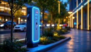 A photograph of a modern level 2 electric vehicle charger in an urban setting