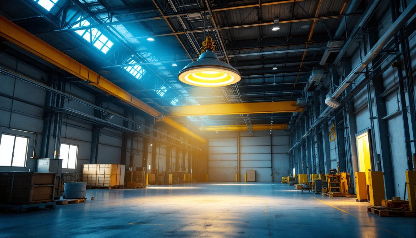 A photograph of a well-lit industrial space featuring ufo high bay lights in action