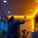 A photograph of a well-lit residential space featuring stylish incandescent recessed lighting