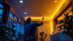 A photograph of a well-lit residential space featuring stylish incandescent recessed lighting