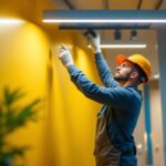 A photograph of a skilled lighting contractor installing surface-mounted led lights in a modern interior space
