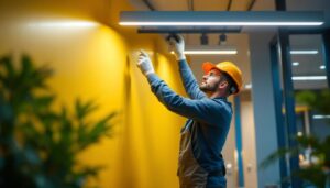 A photograph of a skilled lighting contractor installing surface-mounted led lights in a modern interior space