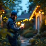 A photograph of a lighting contractor installing low-cost solar lights in a residential garden