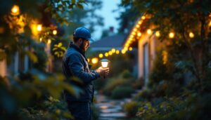 A photograph of a lighting contractor installing low-cost solar lights in a residential garden