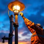 A photograph of a skilled lighting contractor replacing a lamp post top at dusk