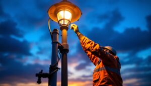 A photograph of a skilled lighting contractor replacing a lamp post top at dusk