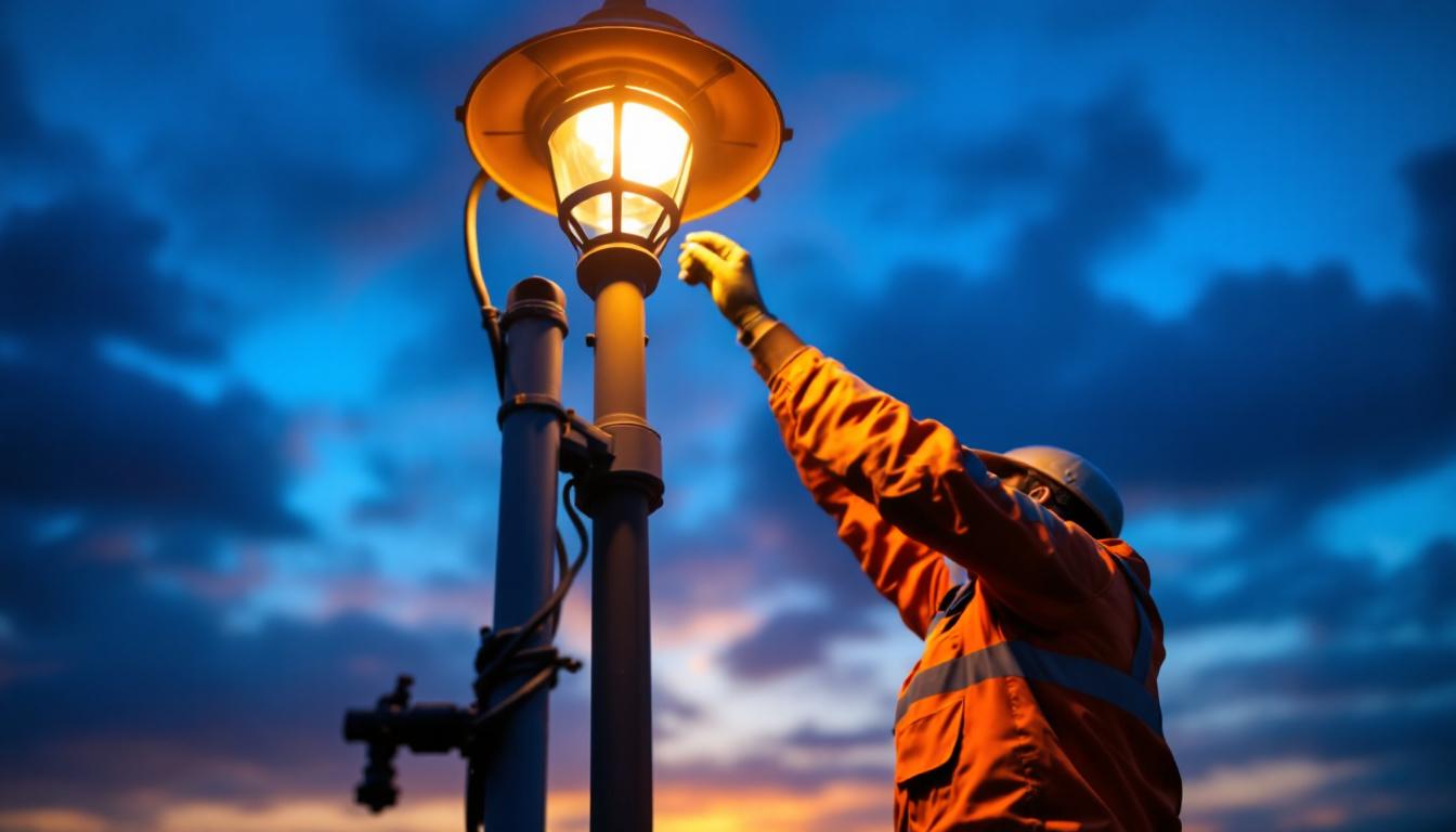 A photograph of a skilled lighting contractor replacing a lamp post top at dusk