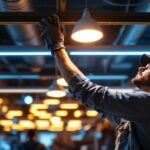 A photograph of a lighting contractor expertly installing or adjusting high-quality led fixtures in a commercial space