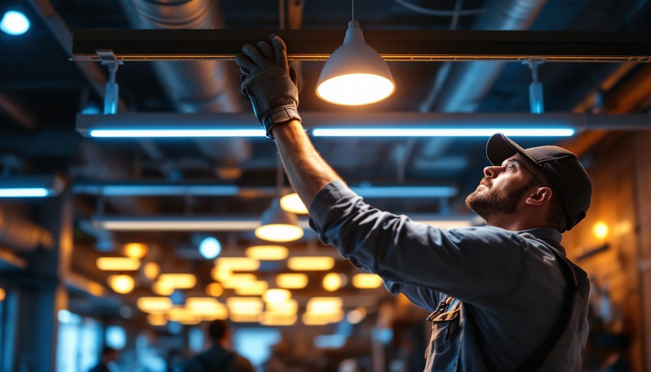 A photograph of a lighting contractor expertly installing or adjusting high-quality led fixtures in a commercial space