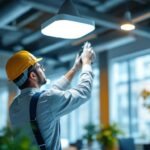 A photograph of a lighting contractor installing a sleek