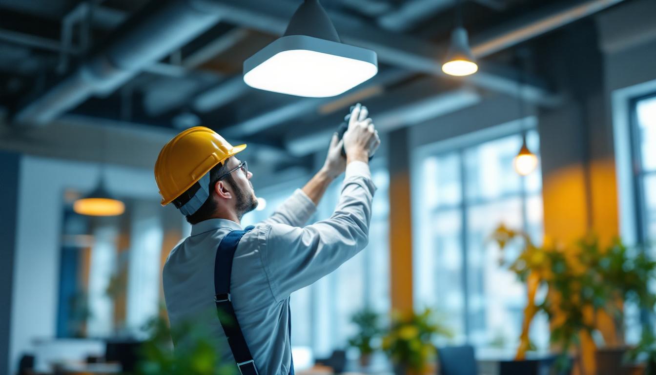 A photograph of a lighting contractor installing a sleek