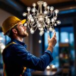 A photograph of a lighting contractor inspecting a stylish chandelier in a well-lit