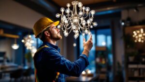 A photograph of a lighting contractor inspecting a stylish chandelier in a well-lit