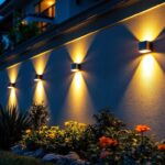 A photograph of a beautifully illuminated exterior wall showcasing a variety of solar lights in use at dusk