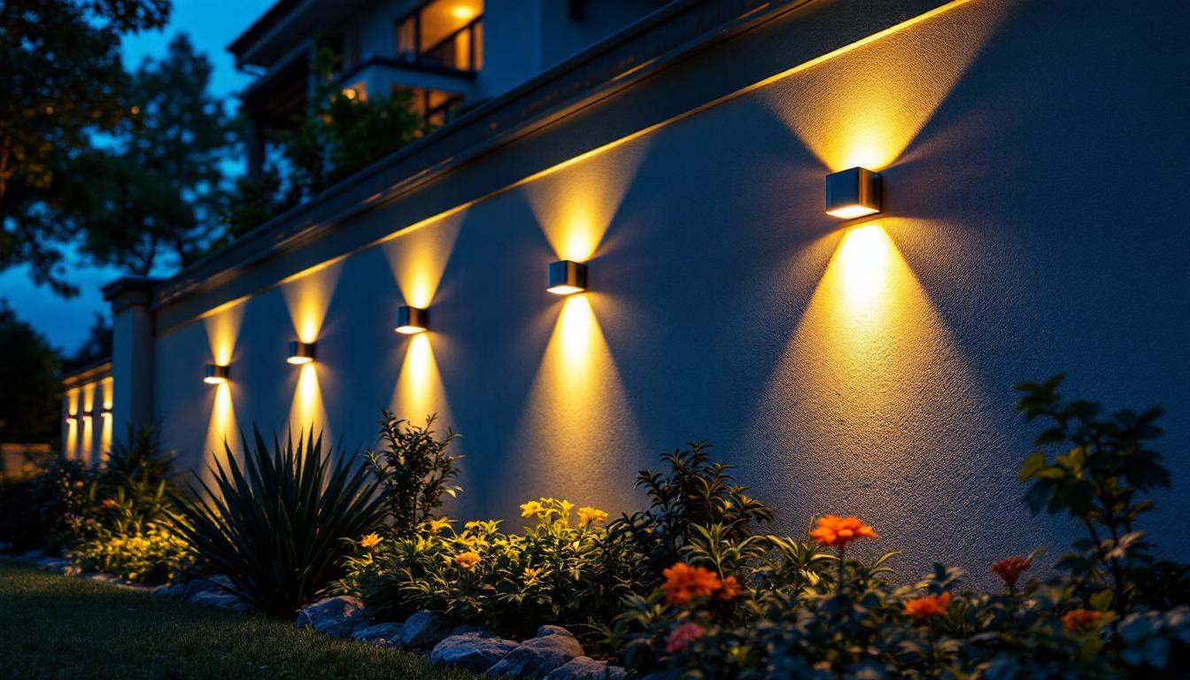 A photograph of a beautifully illuminated exterior wall showcasing a variety of solar lights in use at dusk