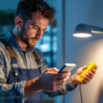 A photograph of a lighting contractor expertly installing or examining a leviton lighting product in a modern residential or commercial setting