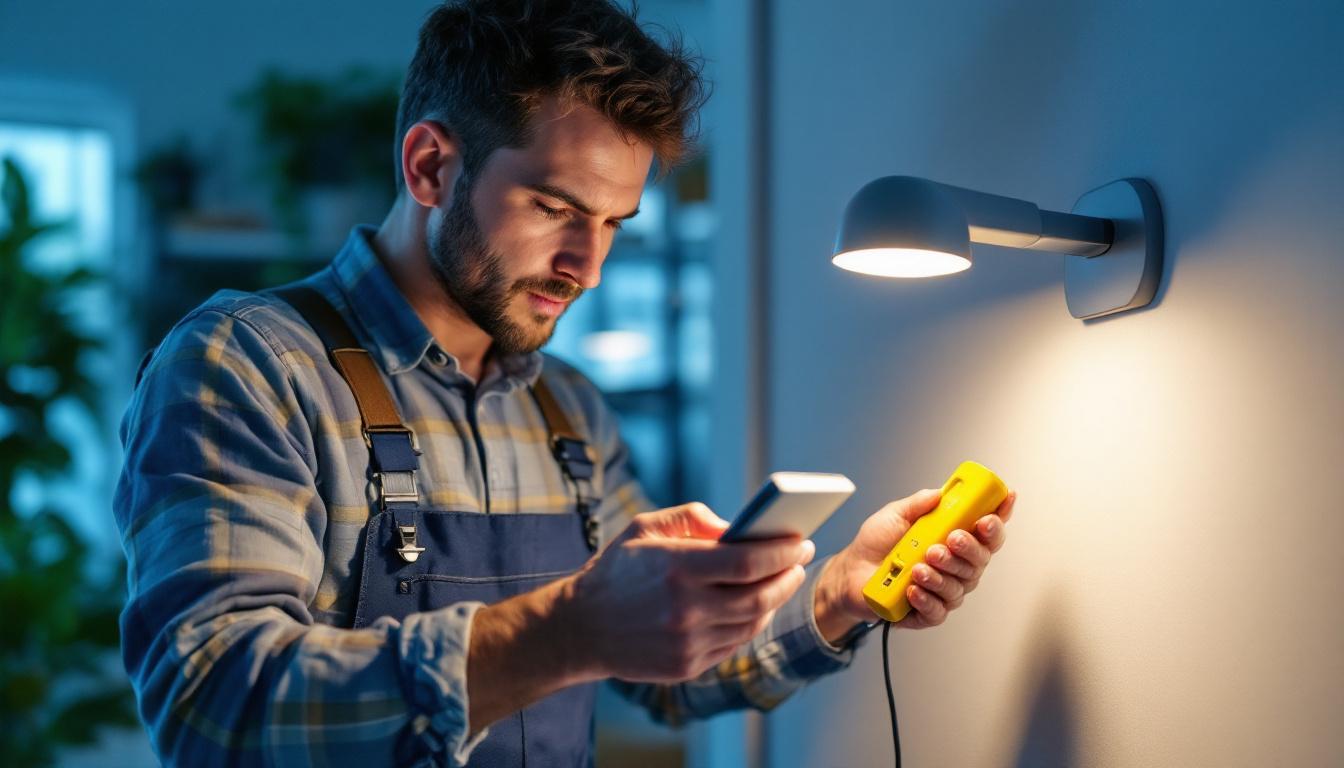 A photograph of a lighting contractor expertly installing or examining a leviton lighting product in a modern residential or commercial setting