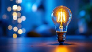 A photograph of a type b 15-watt light bulb illuminated in a cozy