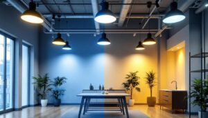A photograph of a well-lit commercial space showcasing various lighting fixtures in use