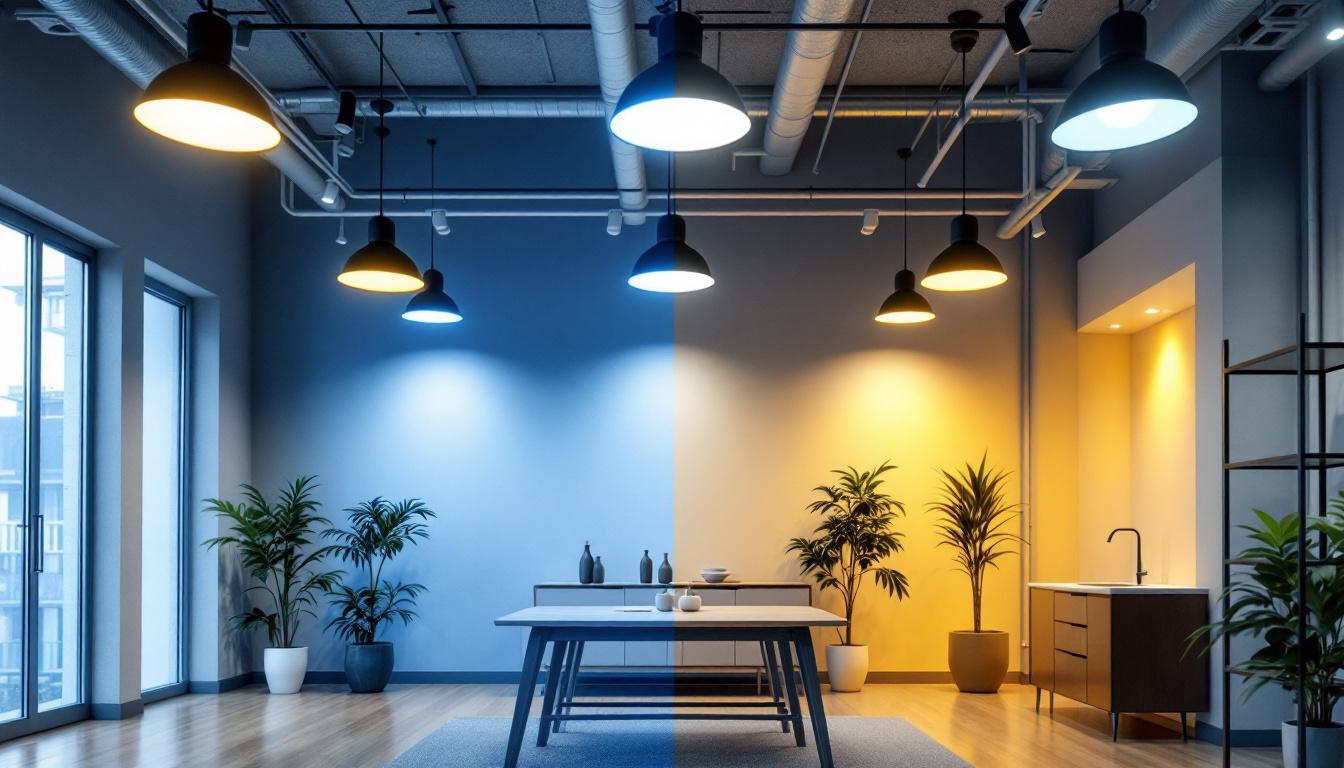 A photograph of a well-lit commercial space showcasing various lighting fixtures in use