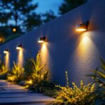 A photograph of a beautifully lit outdoor wall featuring stylish solar lights in various designs