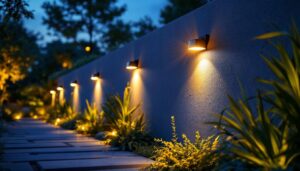 A photograph of a beautifully lit outdoor wall featuring stylish solar lights in various designs