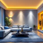 A photograph of a well-lit modern interior featuring recessed can lights in various settings