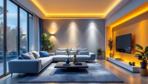 A photograph of a well-lit modern interior featuring recessed can lights in various settings