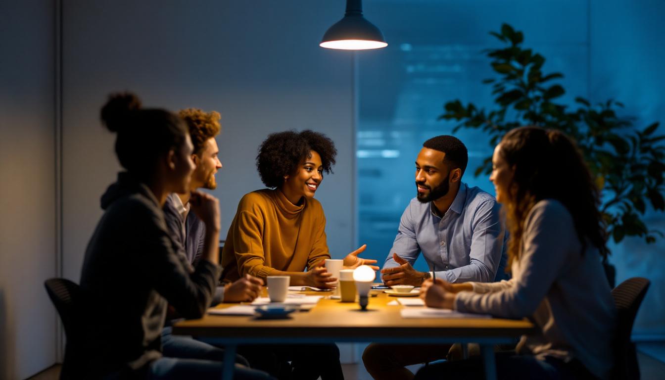 A photograph of a diverse team of professionals engaged in a collaborative discussion around a table