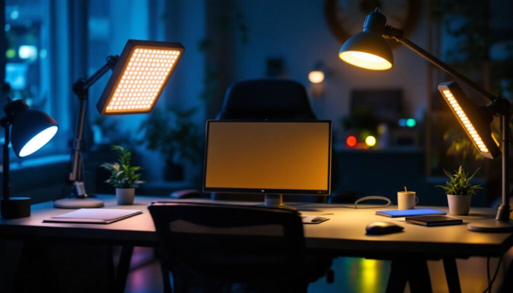 A photograph of a well-lit workspace featuring various led cooler lights in use