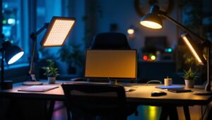 A photograph of a well-lit workspace featuring various led cooler lights in use