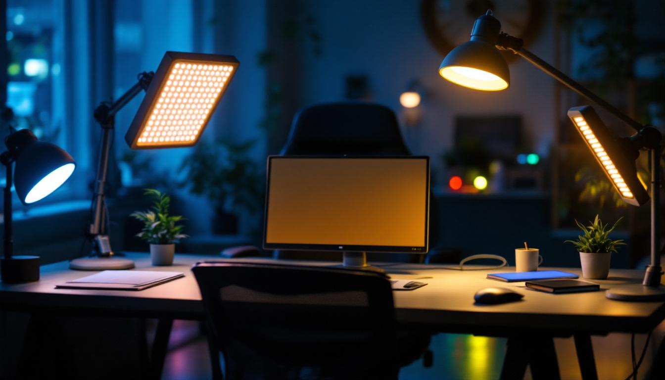 A photograph of a well-lit workspace featuring various led cooler lights in use