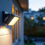 A photograph of a well-lit outdoor area featuring a motion sensor security light in action