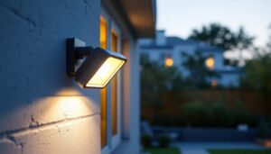 A photograph of a well-lit outdoor area featuring a motion sensor security light in action