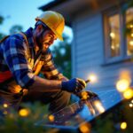 A photograph of a lighting contractor installing solar-powered outdoor lights in a residential garden