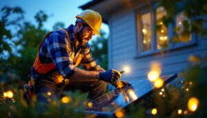 A photograph of a lighting contractor installing solar-powered outdoor lights in a residential garden