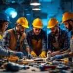 A photograph of a diverse group of lighting contractors collaborating on a project