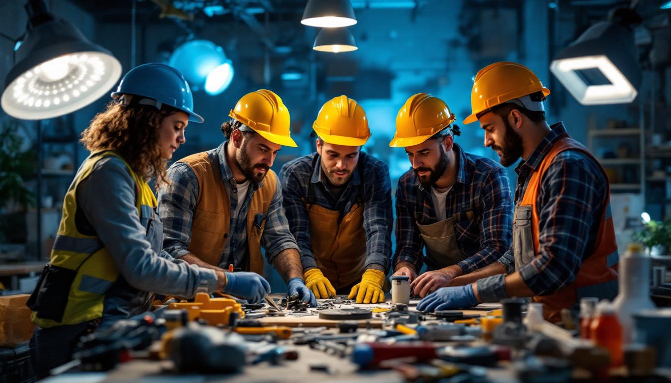 A photograph of a diverse group of lighting contractors collaborating on a project