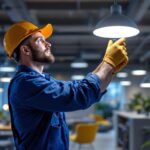 A photograph of a skilled technician expertly installing energy-efficient lighting fixtures in a modern commercial space