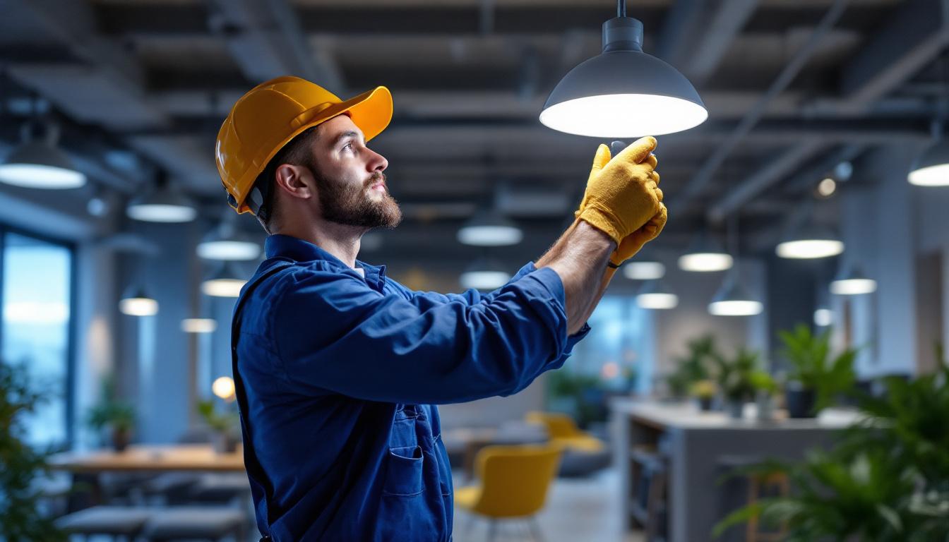 A photograph of a skilled technician expertly installing energy-efficient lighting fixtures in a modern commercial space