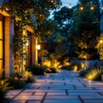 A photograph of a beautifully designed outdoor space illuminated by various styles of modern solar light fixtures