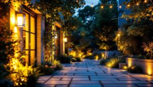 A photograph of a beautifully designed outdoor space illuminated by various styles of modern solar light fixtures