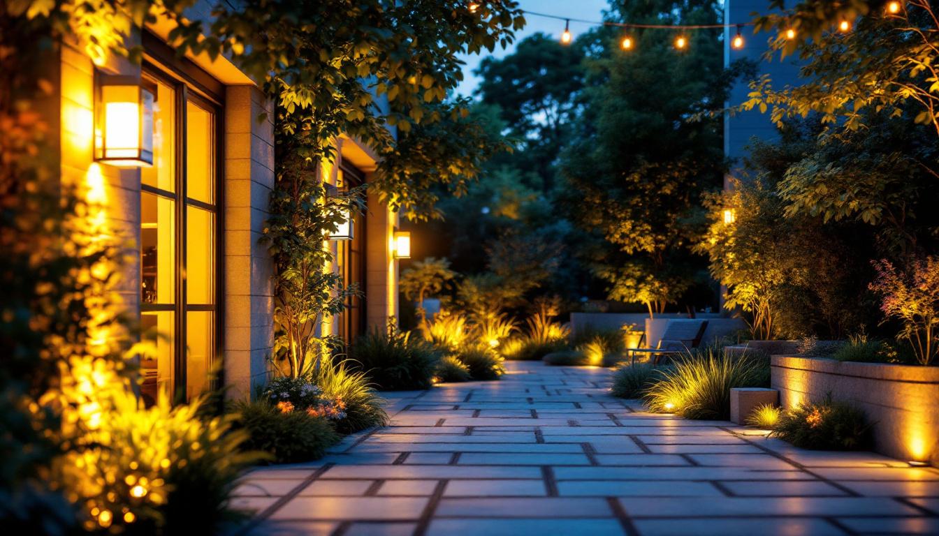 A photograph of a beautifully designed outdoor space illuminated by various styles of modern solar light fixtures