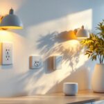 A photograph of a well-lit room showcasing a variety of stylish electrical outlet receptacles integrated into the wall