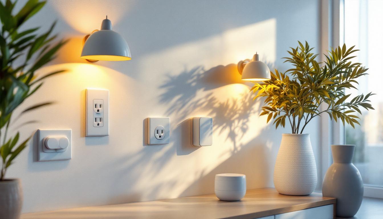 A photograph of a well-lit room showcasing a variety of stylish electrical outlet receptacles integrated into the wall