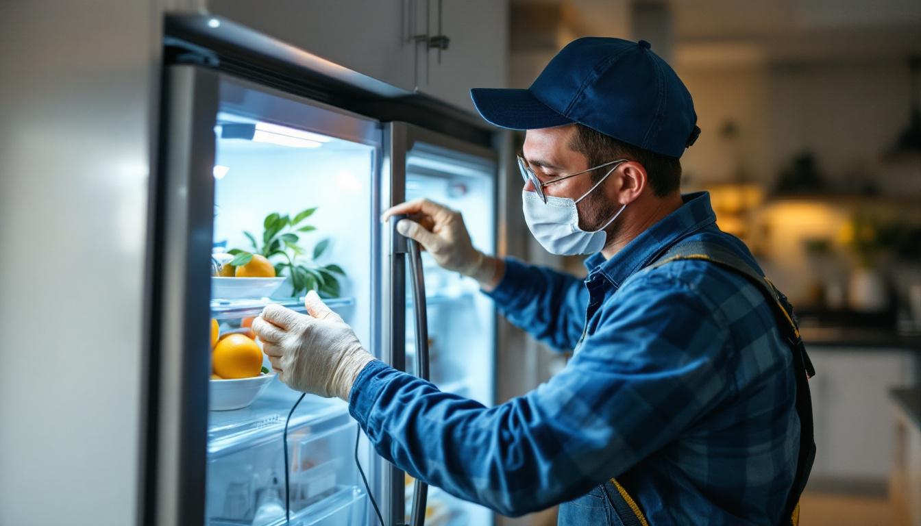 A photograph of a lighting contractor working on a refrigerator installation