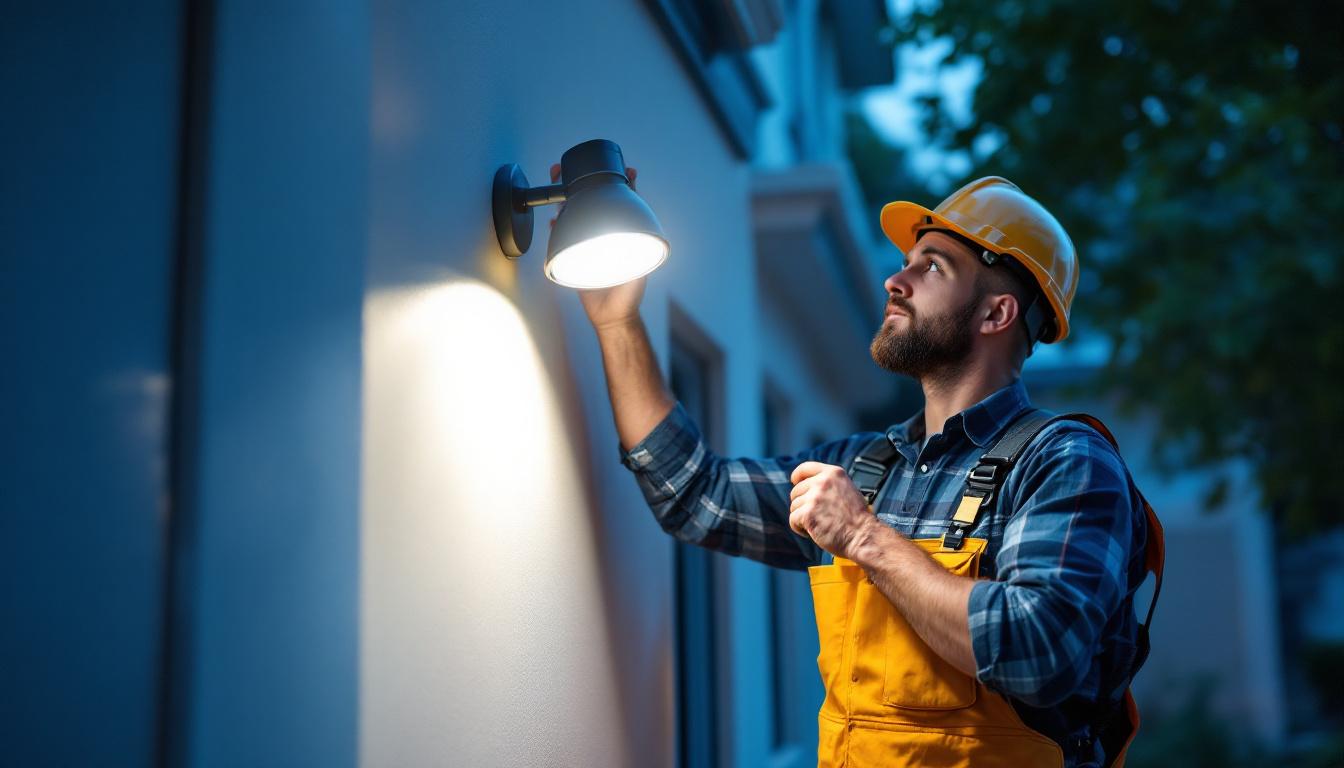 A photograph of a skilled lighting contractor installing a motion-sensored spotlight in a residential or commercial setting
